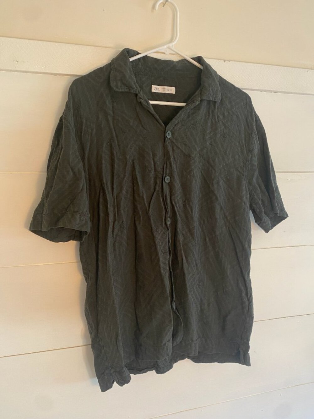 Zara Textured Jacquard Short Sleeve Button-Up Shirt Olive Green Size XL - Picture 2 of 5